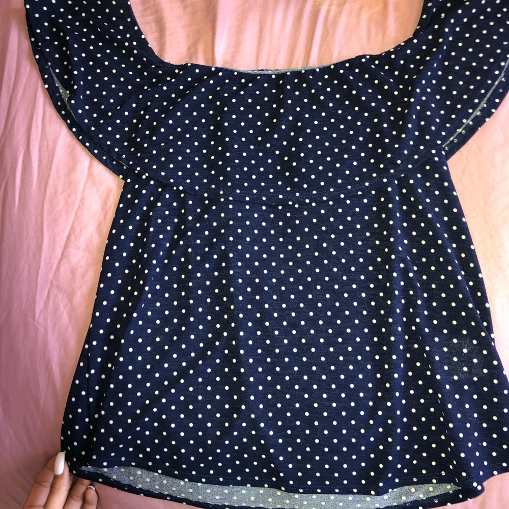 Blue and white polka dot top